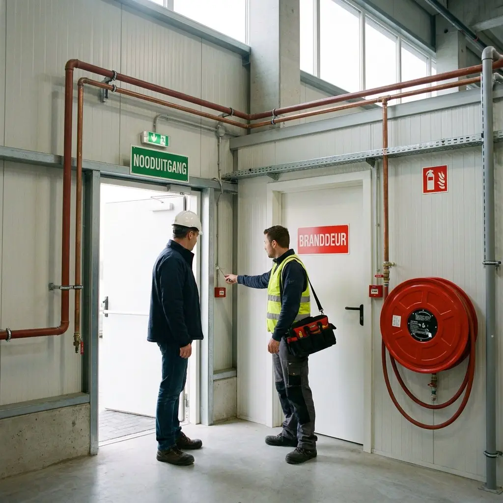 Technicus in fluohesje met gereedschapstas wijst een man met witte helm op de brandveiligheidsvoorzieningen in een bedrijfshal: een nooduitgang, een branddeur, een brandmelder en een rode brandslanghaspel.