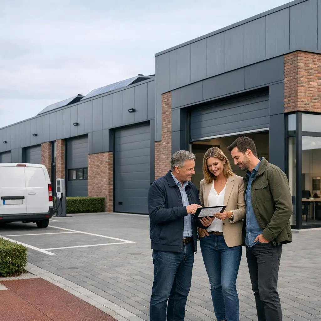 Drie glimlachende mensen bekijken samen een document op een klembord voor een modern bedrijfsgebouw met grijze gevelplaten, baksteen, sectionaalpoorten en zonnepanelen, met een witte bestelwagen aan een laadpaal op de parking.