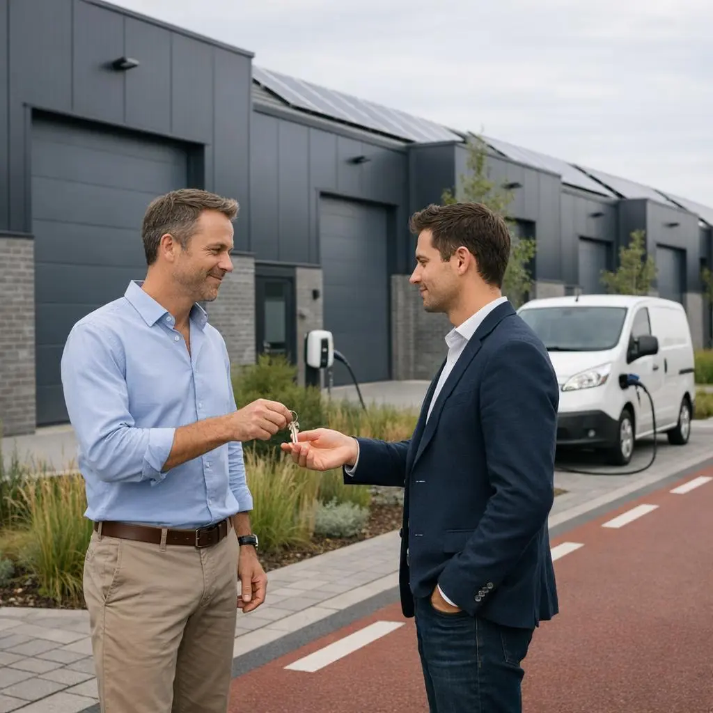Twee glimlachende mannen voor een rij moderne bedrijfsunits met sectionaalpoorten en zonnepanelen: de ene overhandigt een sleutel aan de andere, met op de achtergrond een witte elektrische bestelwagen aan een laadpaal.